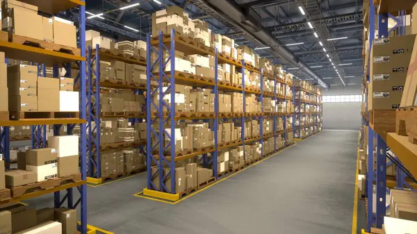 Large warehouse filled with stacked boxes.